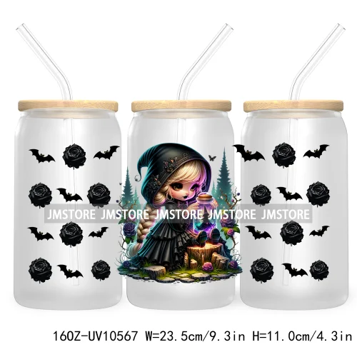 Gothic Girl Gnomes Halloween 16OZ UV Cup Wrap DTF Transfer Stickers For Libbey Glass Can Cups Tumbler Labels Spooky Bats Witch