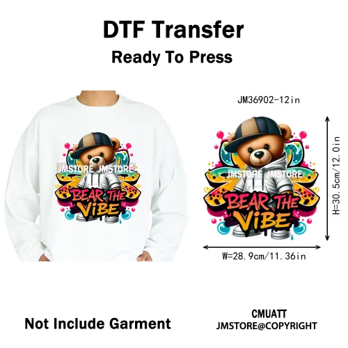 12in Colorful Graffiti Urban Stree Vibes Fearless Gangster Bear Washable Iron on DTF Transfer Sticker Ready to Press for Clothes