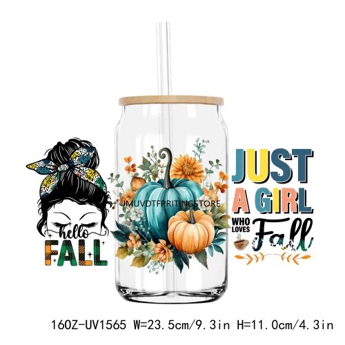 Fall Autumn Pumpkin Flower 16OZ UV DTF Cup Wrap Transfer Stickers Custom Labels DIY Durable Waterproof Logo For Libbey Glass Can