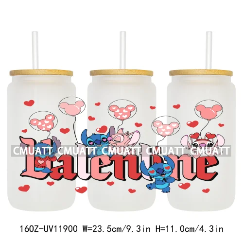 Cartoon Pink Sweet Happy Valentine‘s Day Kids Love Characters UV DTF Stickers Cup Wraps Logos For 16OZ Libbey Glass Can