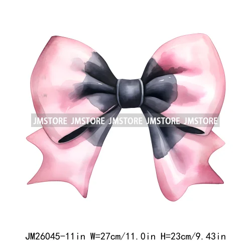 Trendy New Girl Pink Black Polka Dots Ribbons Coquette Bows Washable DTF Iron On Transfer Stickers Ready To Press For Clothing