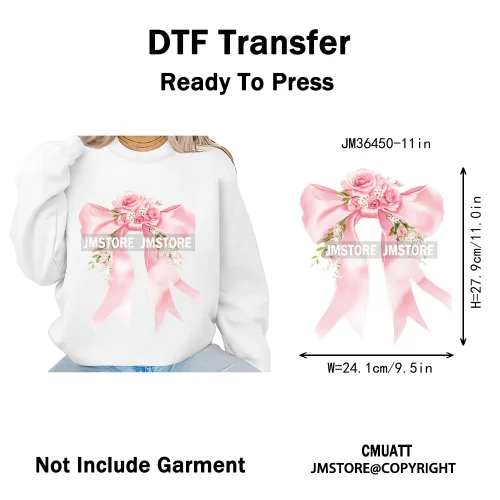 Pink Bow Silk Wedding Coquette Girl Ribbon Tied Printing Iron on DTF Thermal Transfers Stickers Ready to Press for Clothing Bags