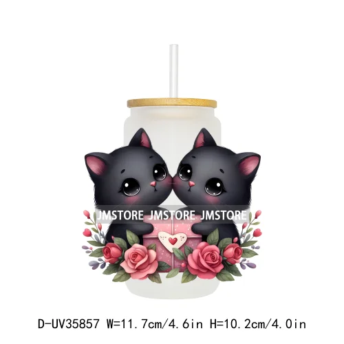 Valentine's Day Black Cat Couple UV DTF Transfer Stickers Decals Ready To Apply Waterproof For 16OZ Libbey Glass Can Cup Tumbler