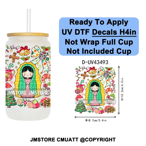 Feliz Navidad Mexican Christmas UV DTF Decals Ready To Apply Waterproof Transfer Stickers DIY Crafts For 16OZ Libbey Glass Can