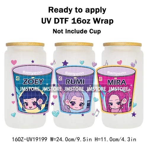 Demon Hunters Inspired Kpop Girls Bands UV DTF Transfer Sticker Durable Cup Tumbler Wrap For 16OZ Libbey Glass Wraps Bottle Mug