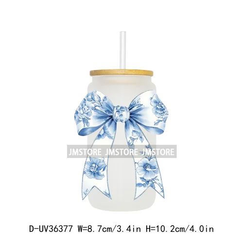 Blue Chinoiserie Coquette Bow UV Sticker Decals For Libbey Cold Cups Mug Tumbler Transfer Stickers Waterproof Top Quality Prints