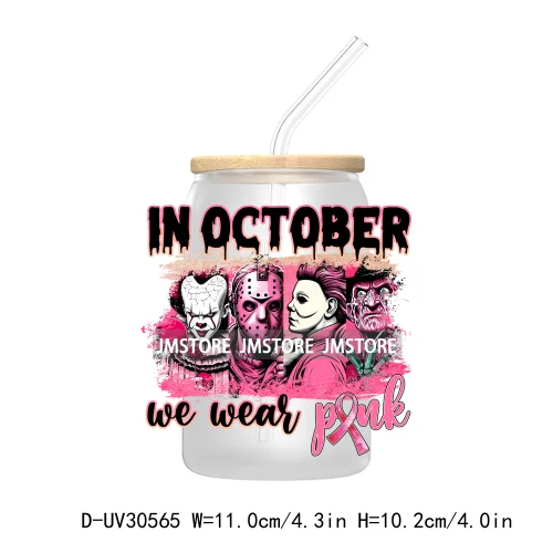 Pink October Breast Cancer Awareness UV DTF Transfer Stickers Decals For Libbey Cold Cups Mugs Tumbler Waterproof Horror Movie