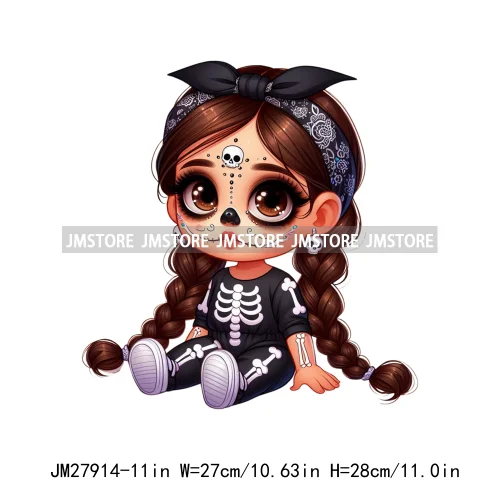 Halloween Skeleton Latina Baby Chibi Hispanic Girls Spooky Season DTF Iron On Transfers Stickers Ready To Press For Clothing