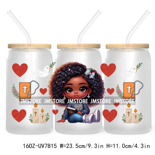 Cute Black Afro Girls 16OZ UV DTF Cup Wrap Transfer Stickers For Libbey Glass Can Cups Tumbler Waterproof Labels Christian Cross