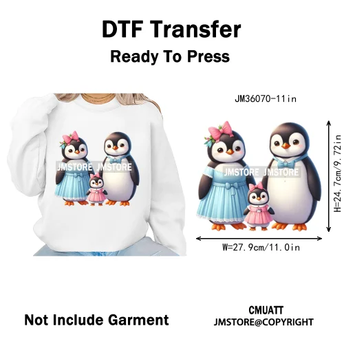 Cute Animal Penguins Coquette Hat Family Mom Father Baby Lovers Iron on DTF Heat Transfer Stickers Ready to Press for Hoodies