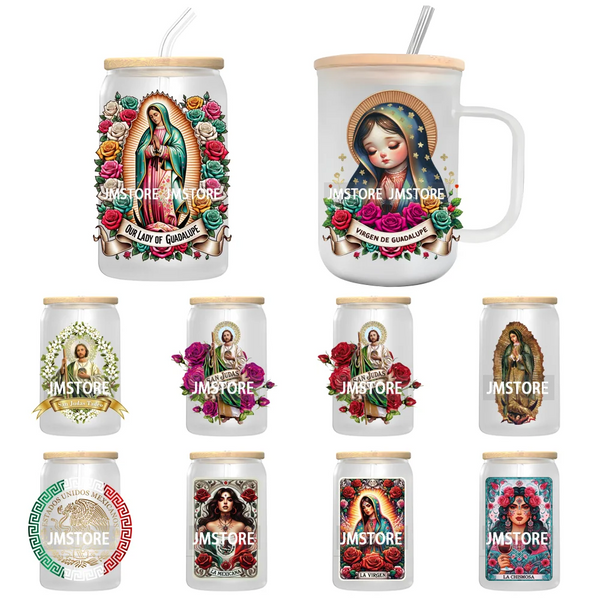 San Judas Tadeo Roses Praying Hands Mexican Woman UV Sticker Decals For Libbey Cold Cup Mug Tumbler Transfer Stickers Waterproof