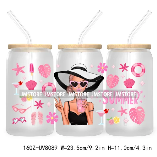 Hot Girl Summer Lady UV DTF Sticker For 16OZ Libbey Glass Cup Can Wrap Transfer Stickers Custom Labels DIY Logo Woman With Hat