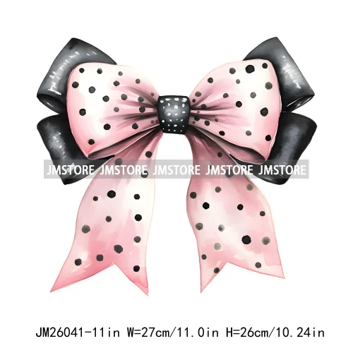 Trendy New Girl Pink Black Polka Dots Ribbons Coquette Bows Washable DTF Iron On Transfer Stickers Ready To Press For Clothing