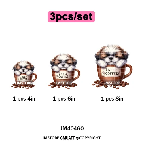 Funny Cartoon Pet Puppy Small Sleeping Cozy Coffee Dogs Lover Iron on DTF Washable Transfers Sticker Ready to Press for Clothing