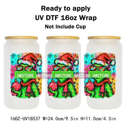 Coquette Bow Christmas Green Character UV DTF Stickers Ready To Apply Cup Wrap Custom Labels DIY Craft For Libbey Glass Can Mugs