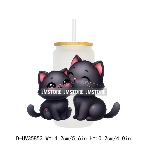 Valentine's Day Black Cat Couple UV DTF Transfer Stickers Decals Ready To Apply Waterproof For 16OZ Libbey Glass Can Cup Tumbler