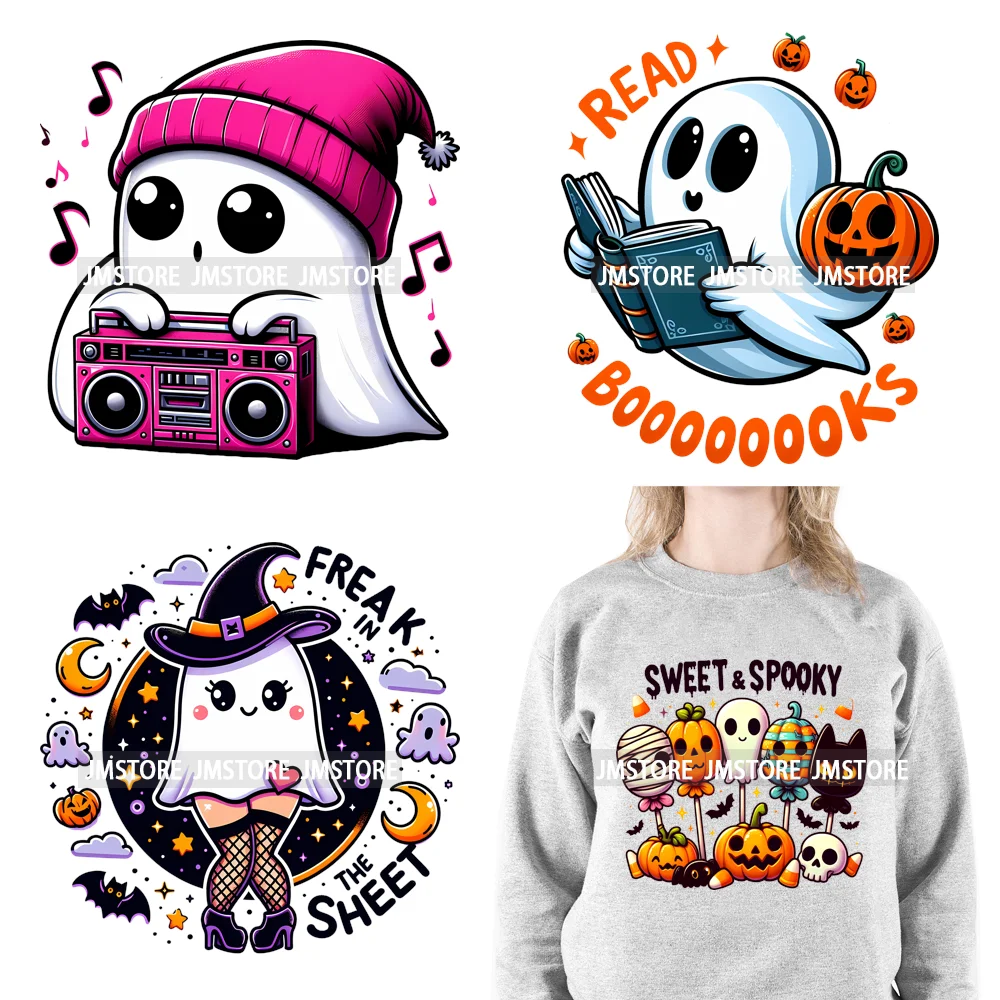 Read Books Flower Bike Music Ghost Sweet Spooky Season Halloween DTF Printing Logos Iron On Transfers Stickers For Hoodies Bags