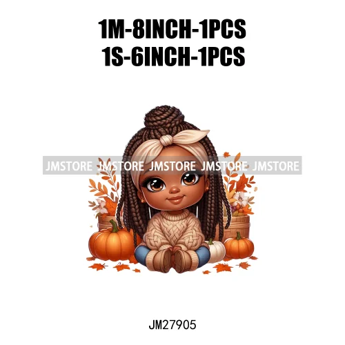 New Autumn Chibi Black Baby Girls Cartoon Afro Princess Pumpkin Fall Season DTF Iron On Heat Press Transfer Stickers For Hoodies