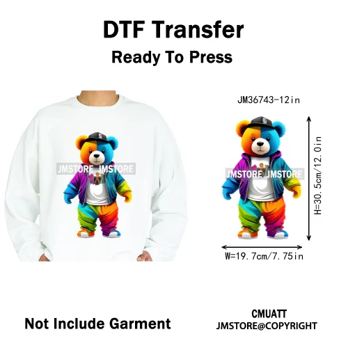 12in Cool Retro Urban Streetwear Graffiti Hip Hop Teddy Bear Iron On DTF Washable Transfers Stickers Ready to Press For Clothing