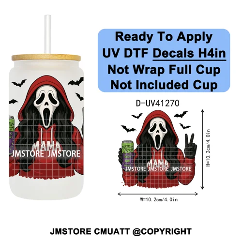 Black Girl Horror Characters Halloween Coffee UV DTF Transfer Sticker Decals Ready To Apply Waterproof For 16OZ Libbey Glass Can