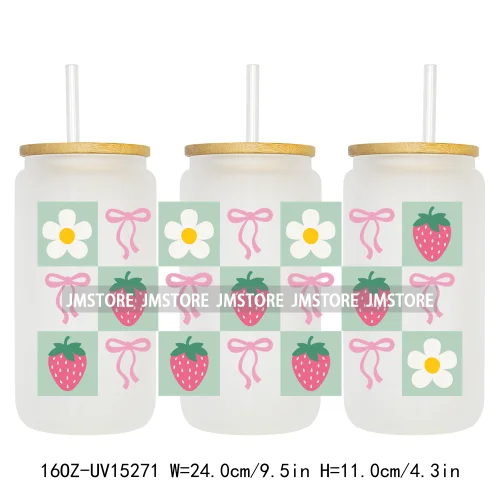 Floral Strawberry Coquette Bow 16OZ UV DTF Cup Wraps Ready To Apply Waterproof Transfer Stickers For Libbey Glass Can Tumbler