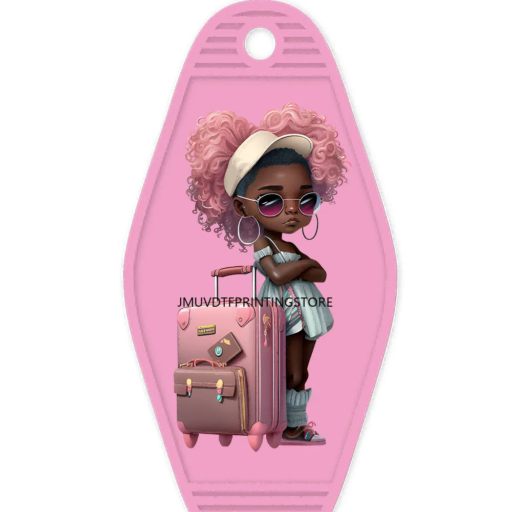 School Melanin Black Girls With Luggage High Quality WaterProof UV DTF Sticker For Motel Hotel Keychain Afro Children