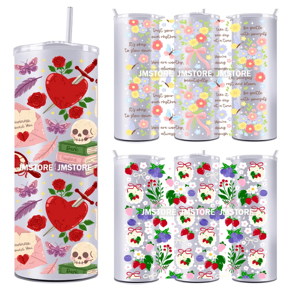 Coquette Bow Flowers Book Lover UV DTF Tumbler Wraps Durable Ready To Apply Transfer Stickers For 20OZ Straight Skinny Tumblers