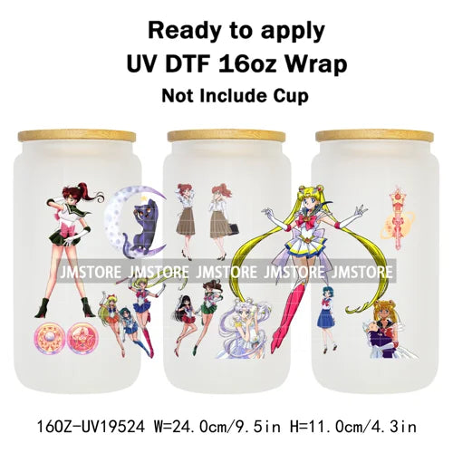 Sailor Girls Inspired Anime Fan Cartoon Characters UV DTF Transfer Sticker Cup Tumbler Wrap For 16OZ Libbey Glass Wraps Bottle