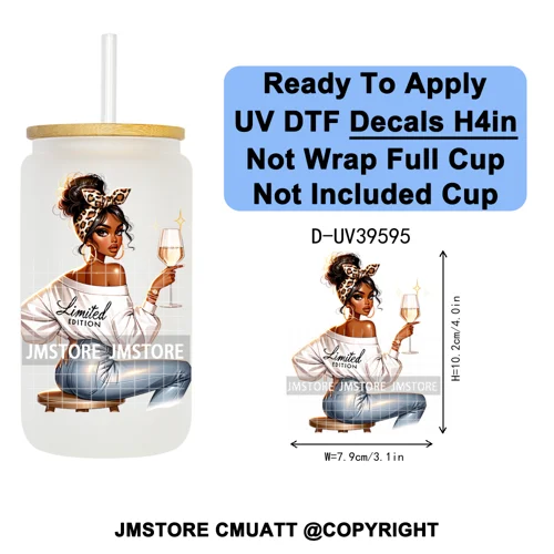 Fashion Girl Praying Black Women UV DTF Decals Ready To Apply Waterproof Transfer Stickers DIY Crafts For 16OZ Libbey Glass Can