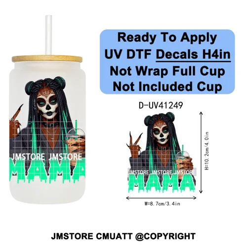 Black Girl Horror Characters Halloween Coffee UV DTF Transfer Sticker Decals Ready To Apply Waterproof For 16OZ Libbey Glass Can