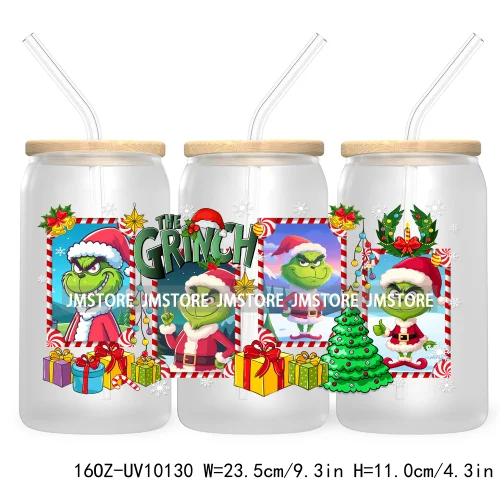 Christmas Coffee Cups Green Guy 16OZ UV Cup Wrap DTF Transfer Stickers For Libbey Glass Can Cup Tumbler Waterproof Label Cartoon