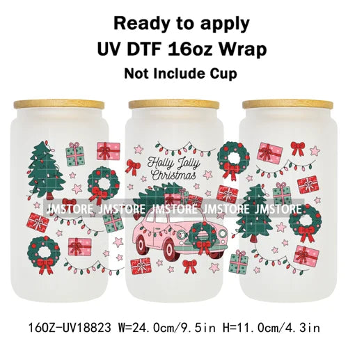 Christmas Bookish Santa Stocking Gifts UV DTF Cup Wrap Ready To Apply Transfer Stickers Waterproof For 16OZ Libbey Glass Can Mug