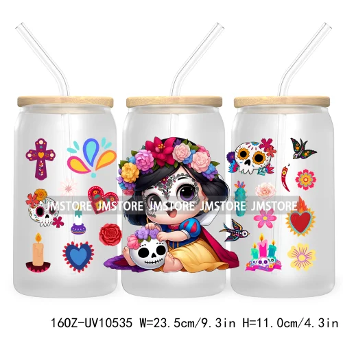 Dia De Los Muertos Mexican UV DTF Sticker For 16OZ Libbey Glass Cup Can Wrap Transfer Stickers Hispanic Halloween Sugar Skulls