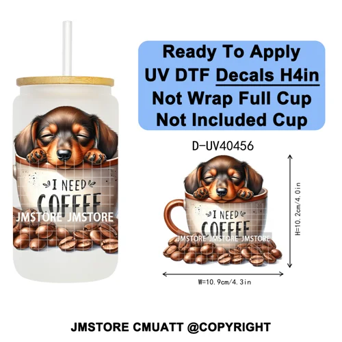 Puppy Coffee Dog Cartoon Pet Lover UV DTF Decals Ready To Apply Waterproof Transfer Stickers For 16OZ Libbey Glass Can Tumbler