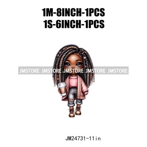 Dreadlocks Coffee Chibi Black Girls Pink Fashion African American Denim Girl Iron On DTF Heat Press Transfer Stickers For Shirts