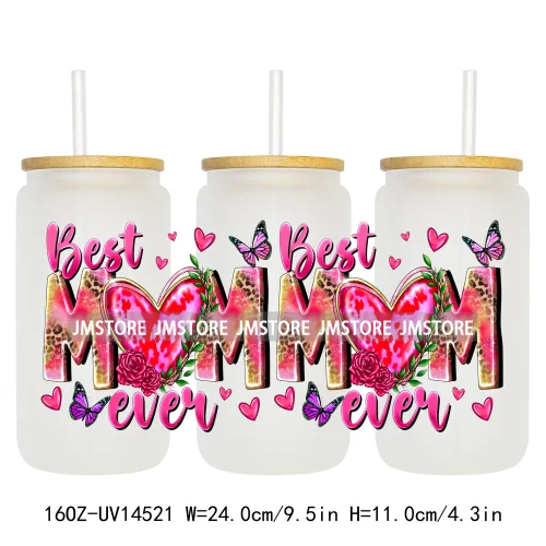 Floral Blessed Mama Leopard Mom 16OZ UV DTF Cup Wraps Ready To Apply Waterproof Transfer Stickers For Libbey Glass Can Tumbler
