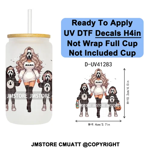 Family Halloween Horror Mama UV DTF Transfer Stickers Decals Ready To Apply Waterproof For 16OZ Libbey Glass Can Cups Tumbler