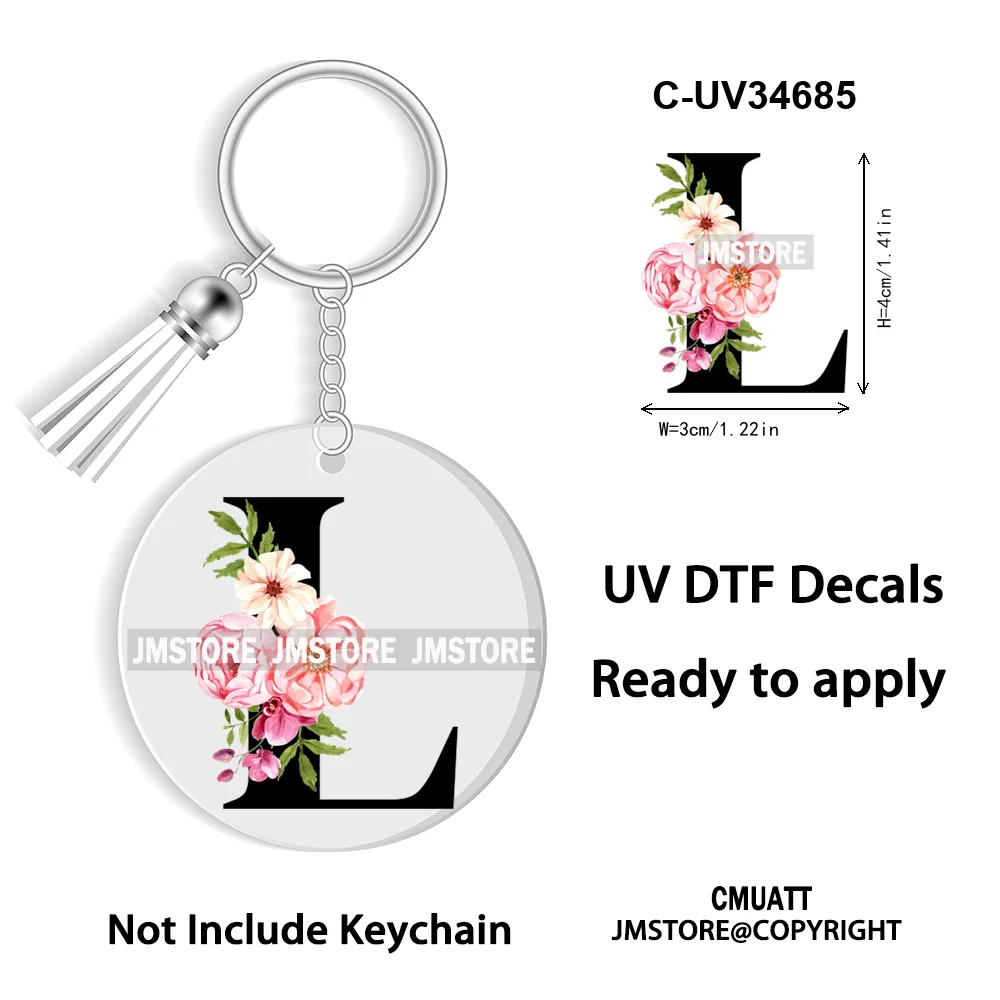 Floral Whole Entire Alphabet Flowers Black Letters Monogram WaterProof UV DTF Stickers For Round Circle Acrylic Keychain Keyring