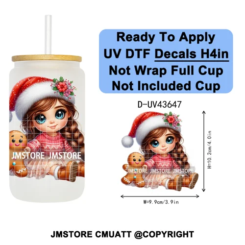 Floral Christmas Latina Chibi Girl UV DTF Transfer Stickers Decals Ready To Apply Good Quality Prints For Libbey Cold Cup Mugs