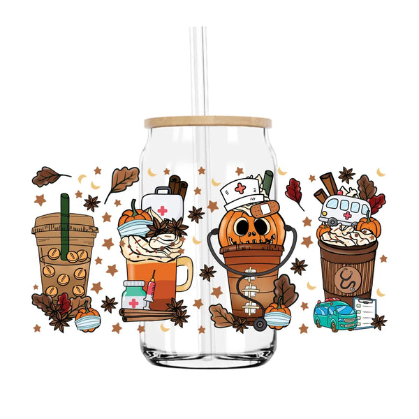 Fall Pumpkin Coffee Nurse 16OZ UV DTF Cup Wrap Transfers Stickers Custom Labels DIY Durable Waterproof Logo For Libbey Glass Can