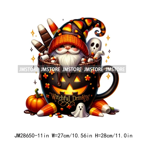 Fun Halloween Cocoa Coffee Drink Gnomes Logos Pumpkin Spice Latte Brew Iron On DTF Transfer Stickers Ready To Press For Clothes