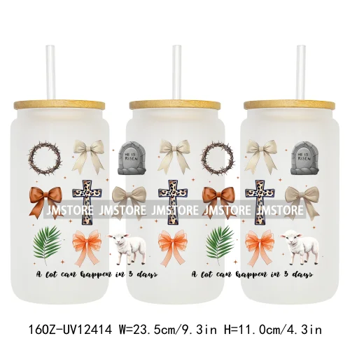 He Is Risen Christian Easter 16OZ UV Cup Wrap DTF Transfer Stickers For Libbey Glass Can Cups Tumbler Girly Happy Easter Bunny