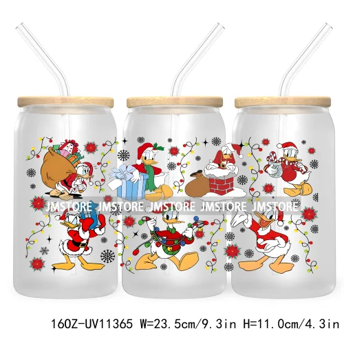 Cute Kids Cartoon Character With Christmas Lights Tree Xmas Holiday UV DTF Transfer 16OZ Libbey Glass Can Wrap Ready to Apply