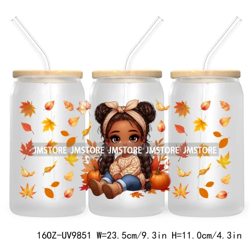 Afro African Girl 16OZ UV Cup Wrap DTF Transfer Stickers For Libbey Glass Can Cups Tumbler Fall Season Autumn Waterproof Labels