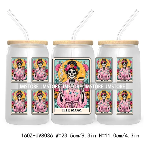 Funny Tarot Card UV DTF Sticker For 16OZ Libbey Glass Cup Can Wrap Transfer Sticker Custom Label DIY Logo Mexican Skeleton Skull