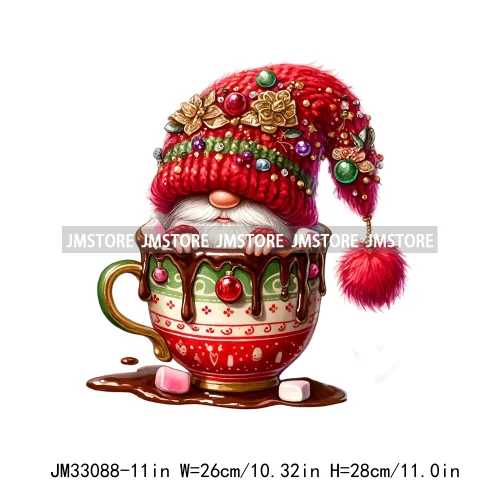 Funny Hot Cocoa Cup Festive Gnomes Wishes Candy Merry Christmas Iron On DTF Transfers Stickers Ready To Press For Sweatshirts