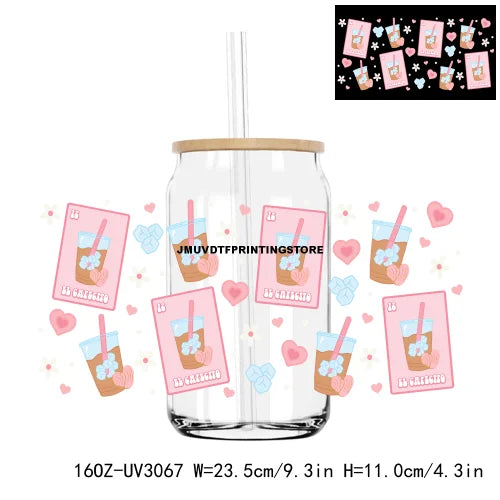 De La Rosa Concha Valentine's Day Cafecito Y Chisme UV DTF Sticker For 16OZ Libbey Glass Cup Can Wrap Custom Transfer Sticker