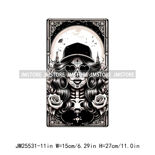 Skeleton La Maestra Chingona Smoke Women Lovers Tarot Card Printing DTF Iron On Transfer Stickers Ready To Press For Clothes Bag