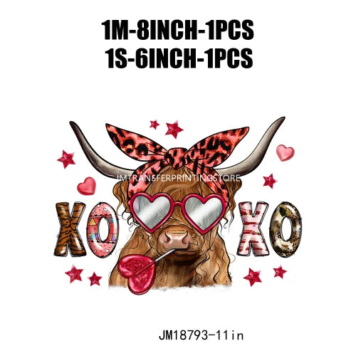 Hot Sale Western Highland Cow Pink Be Mine Heifer Valentine Printing DTF I Love Moo XOXO Heat Transfer Stickers For Hoodies