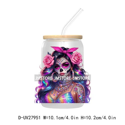 Rainbow Diamond Glamor Latina Skeleton UV DTF Transfer Stickers Decals For Libbey Cold Cups Mugs Tumbler Chicana Latina Woman